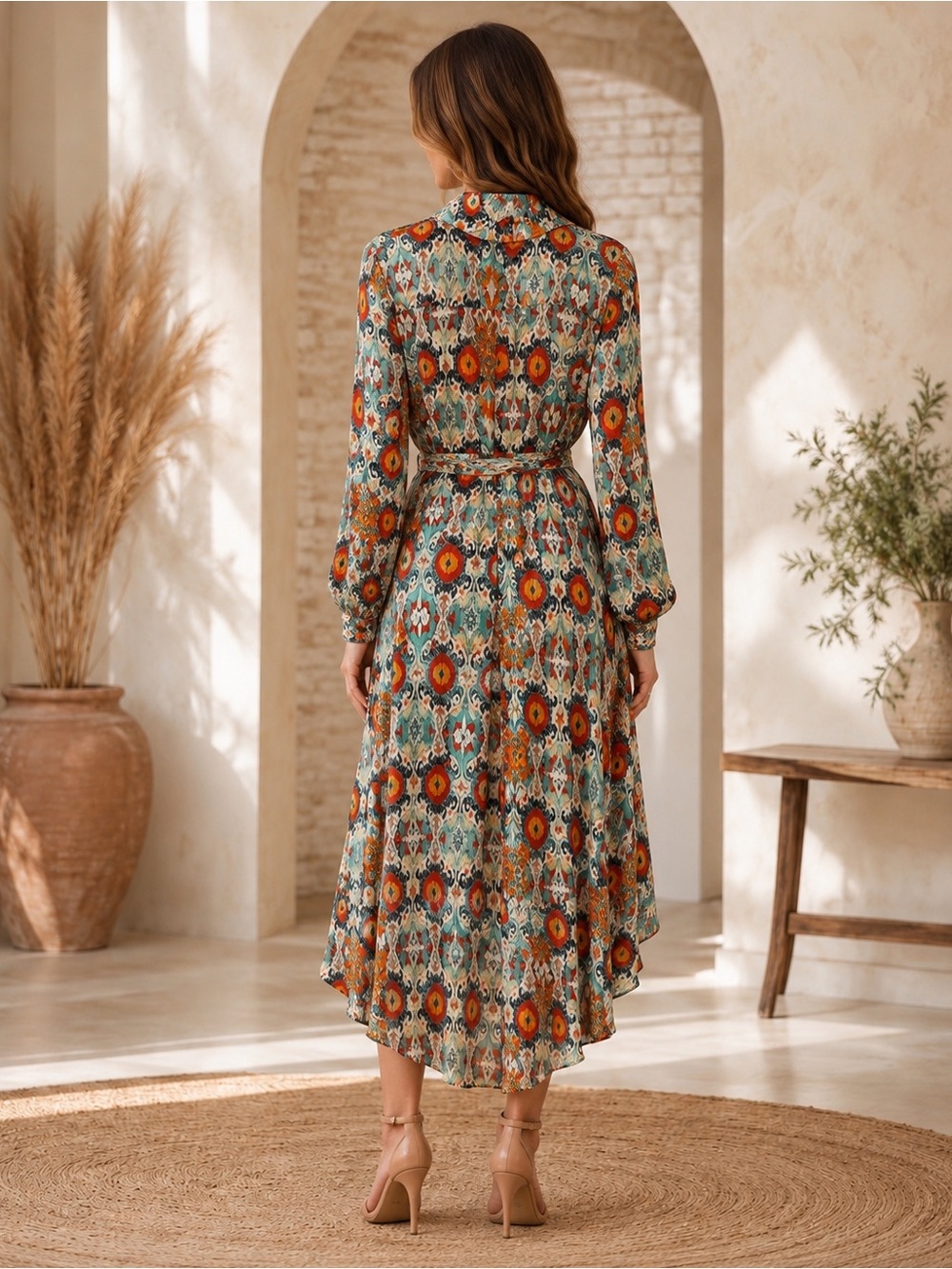 Beulah Floral High-Low Shirt Dress - Teal, Orange & Cream - Picture 2 of 5